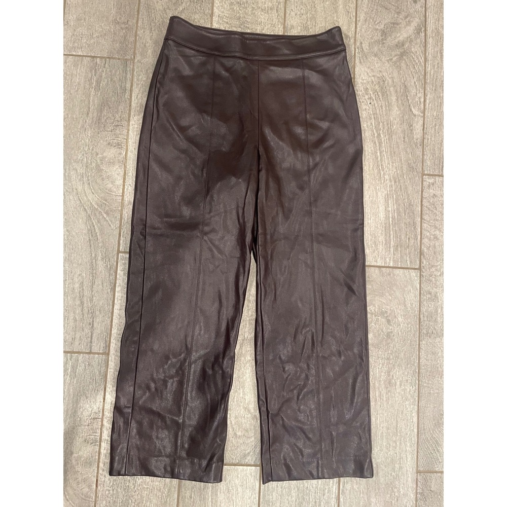 Ann Taylor Faux Leather Wide Leg Pants Brown High Rise‎ Seam Front 2